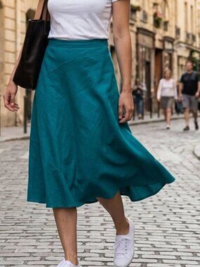 Vintage ROUIE bias cut teal cotton midi skirt